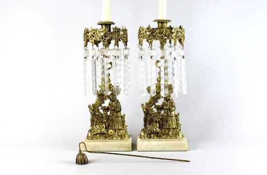 Pair of Antique Gilt Brass Girandole Lusters with Marble Bases, Brass Snuffer