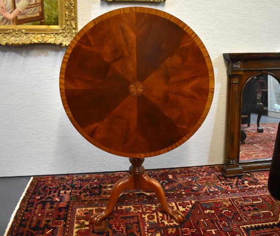 Vintage Flame Mahogany Tilt-Top Tea Table, Satinwood Sunburst Inlay, Ball and Claw Feet, 20th C.