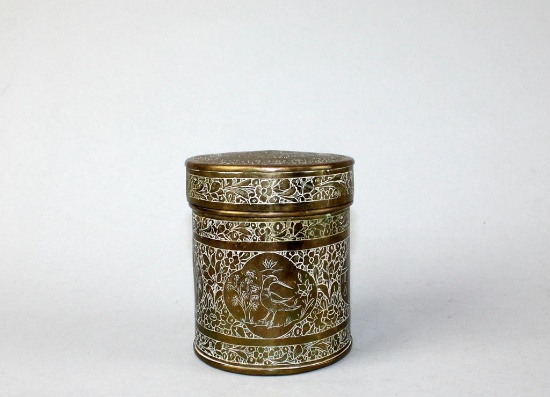 Oriental Style Lidded Brass Cylinder Cigarette Box with Engraved Decoration