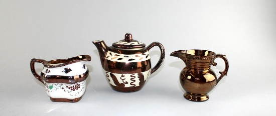 Lot of Three Copper Lusterware Pieces: Teapot & Creamers