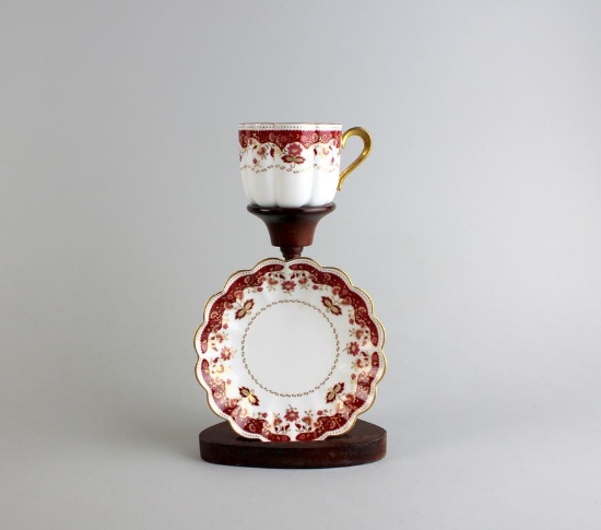 Nikko Co. Fine Bone China Red White Teacup & Saucer on Stand, Japan