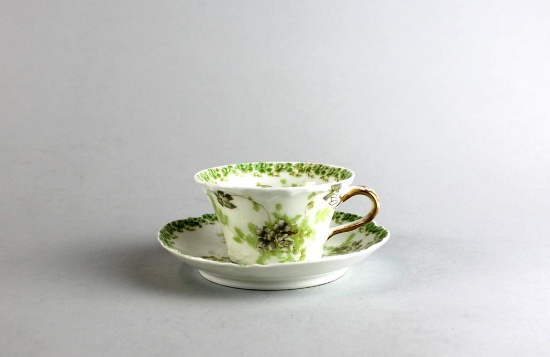 Antique Haviland & Co. Limoges Green Floral Sprays China Teacup & Saucer, France