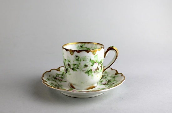 Theo. Haviland Limoges Green White Roses China Teacup & Saucer, France
