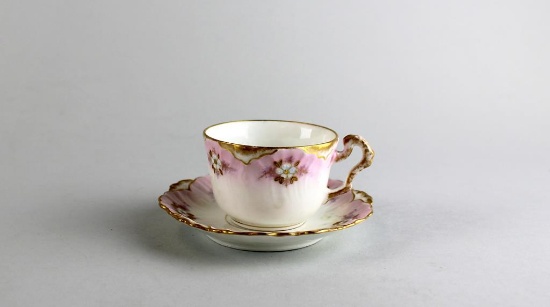 Antique Limoges Pink White Gold Ruffled Edge China Teacup & Saucer, France