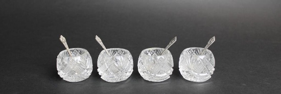 Four Cut Glass Salt Dips with Wallace Sterling Silver Salt Spoons