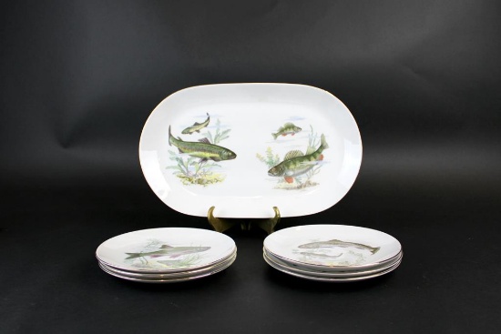 Kahla Hand Painted Porcelain Six Fish Plates & One Platter, German Dem. Republic