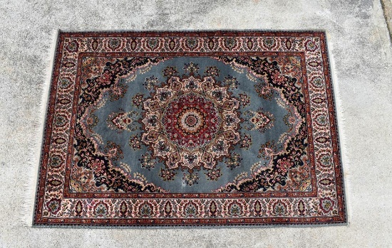 Ethan Allen Teal Blue Center Medallion Kerman Hand Tufted 4' x 5' 10” Rug, Belgium