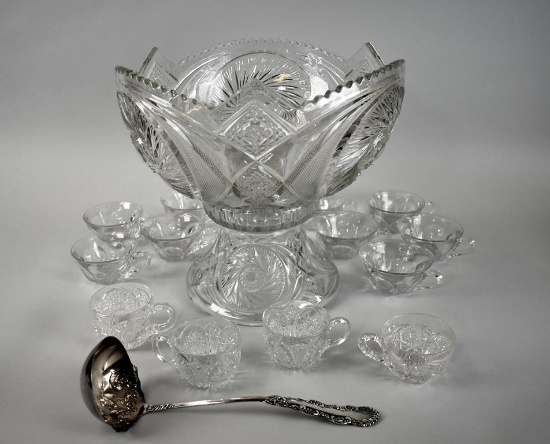 Aztec Pattern Punch Bowl w/ Stand, Nine Cups, Holmes & Edwards Silver Plate Ladle