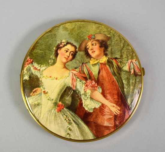 Vintage Circular Mirror Compact with Dancing Couple Motif, West Germany