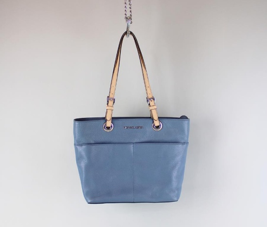 Michael Kors Blue Pebbled Leather Tote Bag w/ Beige Adjustable Strap Handles