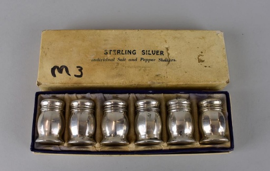 Set of Six Antique Sterling Silver Individual Salt Shakers with Original Box