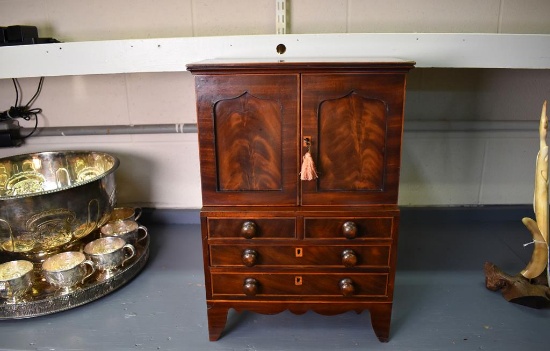 Antique Diminutive or Miniature Mahogany and Satinwood Linen Press, England, Ca. 1830