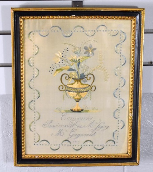 Early 19th C. French Student Embroidery “M. Seguy's Boarding School Competition. M' Gagnoulet”