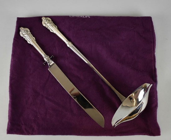 Wallace Silversmiths Grand Baroque Sterling Silver Punch Ladle & Wedding Cake Knife w/ Silver Cloth