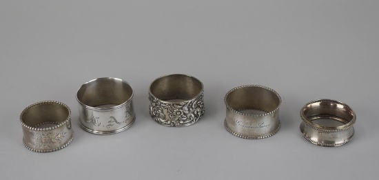 Five Antique Sterling Silver Napkin Rings of Different Designs