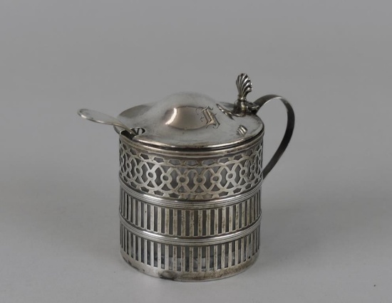 Antique Webster Sterling Silver Frame Mustard Pot with Spoon, Glass Liner