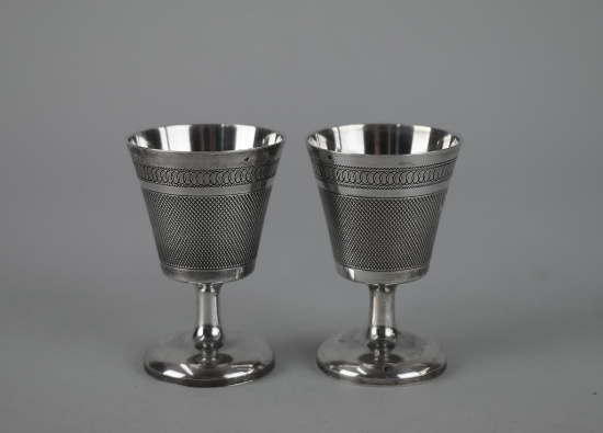 Pair of Antique Bright Cut Continental 800 Silver Small Goblets with P Monogram