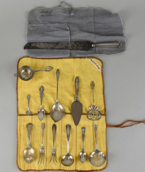 Lot of 12 Miscellaneous Sterling Silver Pieces with Silver Cloth, 1 Silver Plate Piece