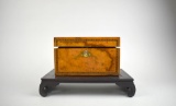 Antique Burl Walnut English Tea Caddy with MOP, Abalone, Satinwood and Ebony Inlay, Ca. 1820 & Stand