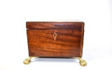 Antique Mahogany Tea Caddy with Shell Inlay Motif and Brass Ball and Claw Feet, Early 19th C.