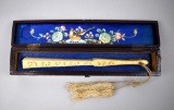 Antique Chinese Silk Fan with Hand Made Decorative Wooden Storage Box