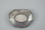 Antique Chased Silver Snuff Box with Engraved Mother of Pearl Inlay Disc