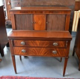 Vintage Hepplewhite Style Flame Mahogany Tambour Secretary Desk, Satinwood Federal Eagle Inlay