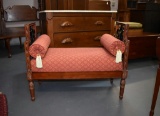 Vintage Red Upholstered Carved Mahogany Bench with Grill Work Metal Side Insets