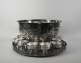 Hand Chased WA EPOC Silver Plate Punch Bowl, 12 Cups, & Tray, England