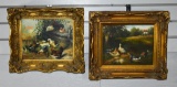 Pair of Oil on Canvas Paintings of Poultry Near Water, Signed EH, England