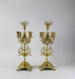 Pair of Antique 19th C. 19.5” Brass Candelabras with Glass Inserts at Top