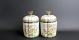 Pair of Asian Porcelain Canisters with Swan Lid Finial Handles