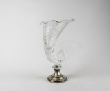 Cut Glass Cornucopia Vase on Weighted Sterling Silver Base