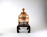Antique Japanese Royal Satsuma Lidded Porcelain Censer / Incense Burner on Wooden Stand