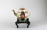 Antique Early Worcester Imari Style Tea Pot with Silver Spout on Wooden Stand
