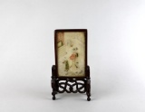 Chinese Painting on Soapstone Table Screen with Carved Stand