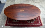Vtg Flame Mahogany Coffee Table, Satinwood Sunburst Inlay, Carved Shell Knee, Trifid Foot, 20th C.