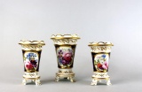 Garniture Set of Three Early Worcester Porcelain Hand Painted Vases