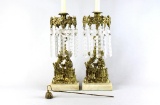 Pair of Antique Gilt Brass Girandole Lusters with Marble Bases, Brass Snuffer