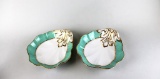 Pair of 20th C. Turquoise, White, & Gilt Dishes with Scalloped Edges & Embossed Leaves