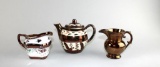 Lot of Three Copper Lusterware Pieces: Teapot & Creamers