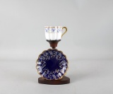 Nikko Co. Fine Bone China Cobalt White Demitasse Cup & Saucer on Stand, Japan