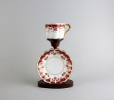 Nikko Co. Fine Bone China Red White Teacup & Saucer on Stand, Japan