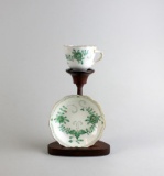 Antique Meissen Indian Painting Green Flowers Teacup & Saucer on Stand, Germany