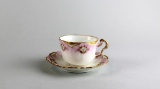 Antique Limoges Pink White Gold Ruffled Edge China Teacup & Saucer, France