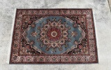 Ethan Allen Teal Blue Center Medallion Kerman Hand Tufted 4' x 5' 10” Rug, Belgium