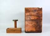 Lot of Three Primitive Wooden Objects: American Craft Crate, Yarn Spindle, & Large Crate