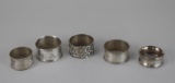 Five Antique Sterling Silver Napkin Rings of Different Designs