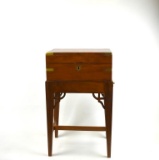 Antique Campaign Style Writing Slope or Lap Desk on Stand with Two Pull Out Candle Shelves