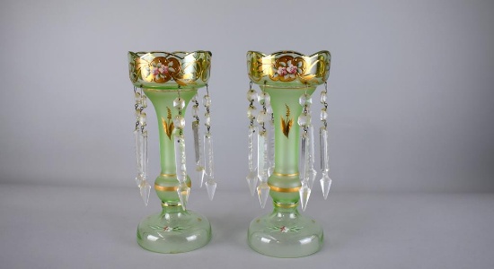 Antique Pair of Bohemia Green Glass Lusters, Hand Painted
